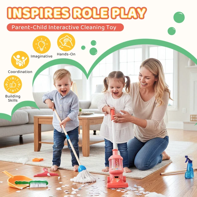 Alt view image 4 of 7 - 8-Piece Kids Cleaning Set with Toy Vacuum and Broom | Toddler-size broom and toy vacuum encourage household role play, coordination and pretend play, gift for boys girls ages 3-6