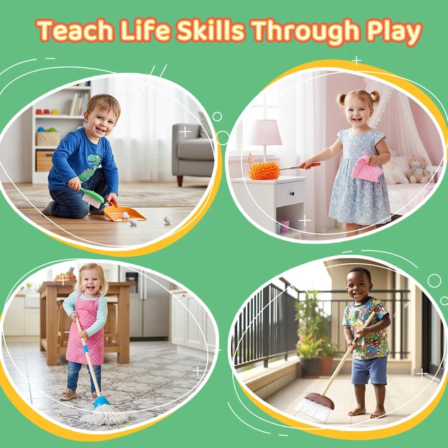 Alt view image 7 of 7 - 8-Piece Kids Cleaning Set with Toy Vacuum and Broom | Toddler-size broom and toy vacuum encourage household role play, coordination and pretend play, gift for boys girls ages 3-6