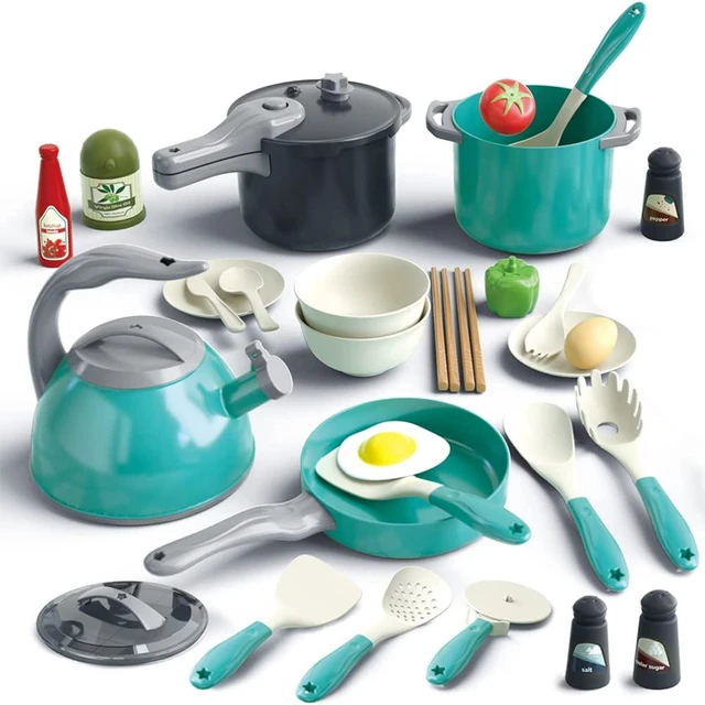 Main image of 32Pcs Kids Play Kitchen Toys Set, Toddlers Pretend Cooking Playset Acccessories with Pots Pans, Utensils Cookware, Foods, Canned Veges, Learning Gift for Kids Girls Boys (Green)