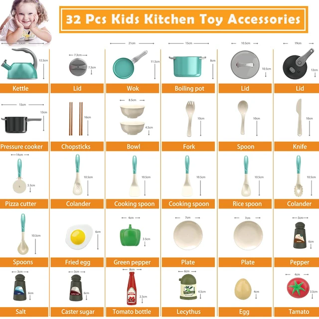 Alt view image 3 of 7 - 32Pcs Kids Play Kitchen Toys Set, Toddlers Pretend Cooking Playset Acccessories with Pots Pans, Utensils Cookware, Foods, Canned Veges, Learning Gift for Kids Girls Boys (Green)