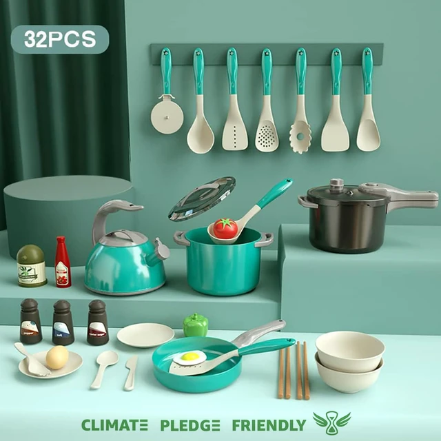 Alt view image 2 of 7 - 32Pcs Kids Play Kitchen Toys Set, Toddlers Pretend Cooking Playset Acccessories with Pots Pans, Utensils Cookware, Foods, Canned Veges, Learning Gift for Kids Girls Boys (Green)