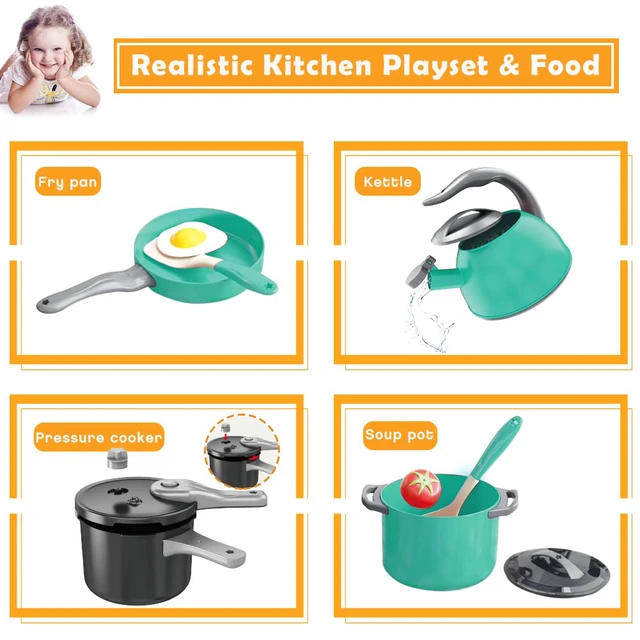 Alt view image 5 of 7 - 32Pcs Kids Play Kitchen Toys Set, Toddlers Pretend Cooking Playset Acccessories with Pots Pans, Utensils Cookware, Foods, Canned Veges, Learning Gift for Kids Girls Boys (Green)