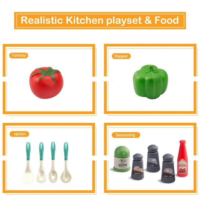 Alt view image 7 of 7 - 32Pcs Kids Play Kitchen Toys Set, Toddlers Pretend Cooking Playset Acccessories with Pots Pans, Utensils Cookware, Foods, Canned Veges, Learning Gift for Kids Girls Boys (Green)