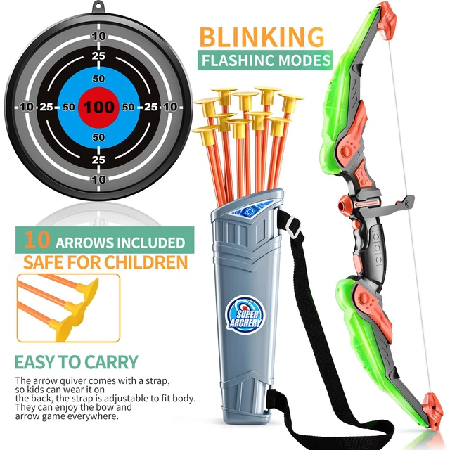 Alt view image 3 of 6 - Kids Bow and Arrow Set - LED Light Up Archery Toy Set with 10 Suction Cup Arrows, Target & Quiver, Indoor and Outdoor Toys for Children Boys Girls