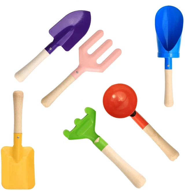 Main image of 6 PCS 8" Kids Gardening Tools, Metal Beach Sandbox Digging Toys with Sturdy Wooden Handle, Safe Backyard Snow Sensory Playset Including Cylinder, Spoon, Fork, Rake, Flat & Pointed Shovels for Children