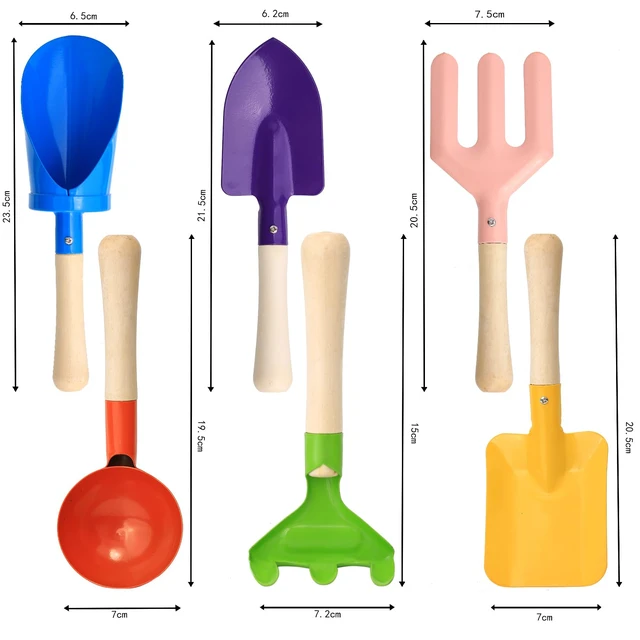 Alt view image 2 of 6 - 6 PCS 8" Kids Gardening Tools, Metal Beach Sandbox Digging Toys with Sturdy Wooden Handle, Safe Backyard Snow Sensory Playset Including Cylinder, Spoon, Fork, Rake, Flat & Pointed Shovels for Children