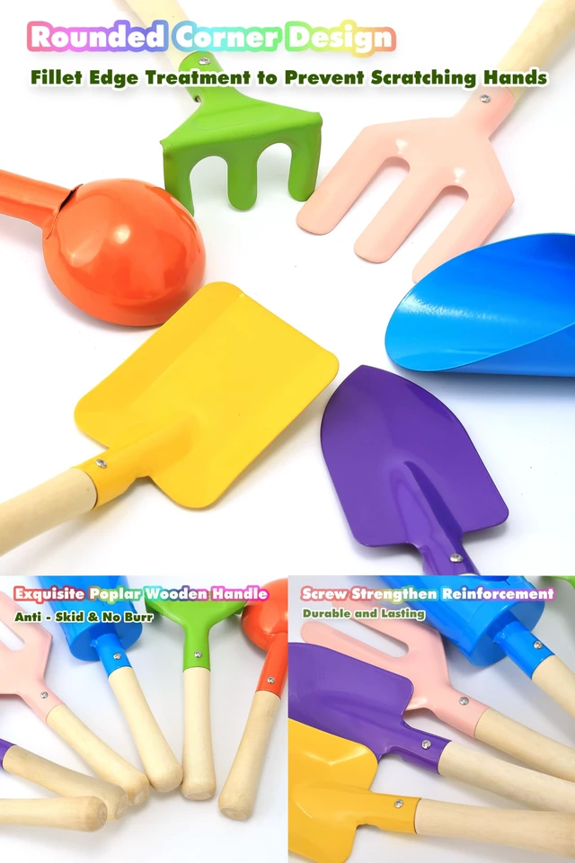Alt view image 3 of 6 - 6 PCS 8" Kids Gardening Tools, Metal Beach Sandbox Digging Toys with Sturdy Wooden Handle, Safe Backyard Snow Sensory Playset Including Cylinder, Spoon, Fork, Rake, Flat & Pointed Shovels for Children