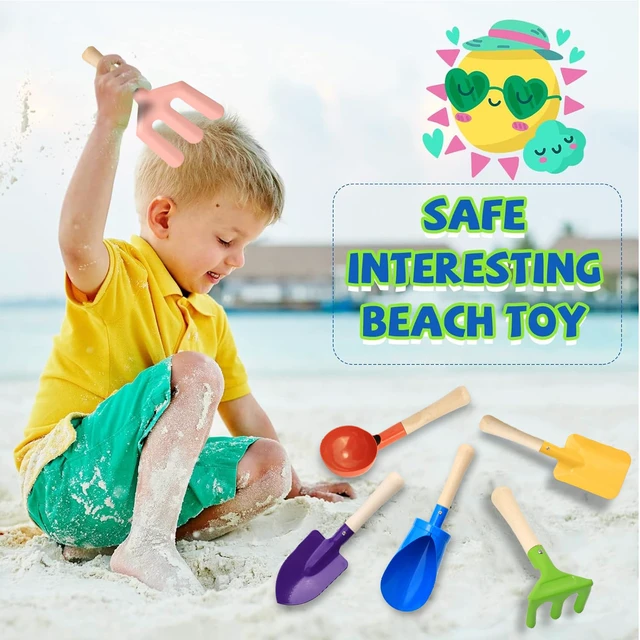 Alt view image 4 of 6 - 6 PCS 8" Kids Gardening Tools, Metal Beach Sandbox Digging Toys with Sturdy Wooden Handle, Safe Backyard Snow Sensory Playset Including Cylinder, Spoon, Fork, Rake, Flat & Pointed Shovels for Children