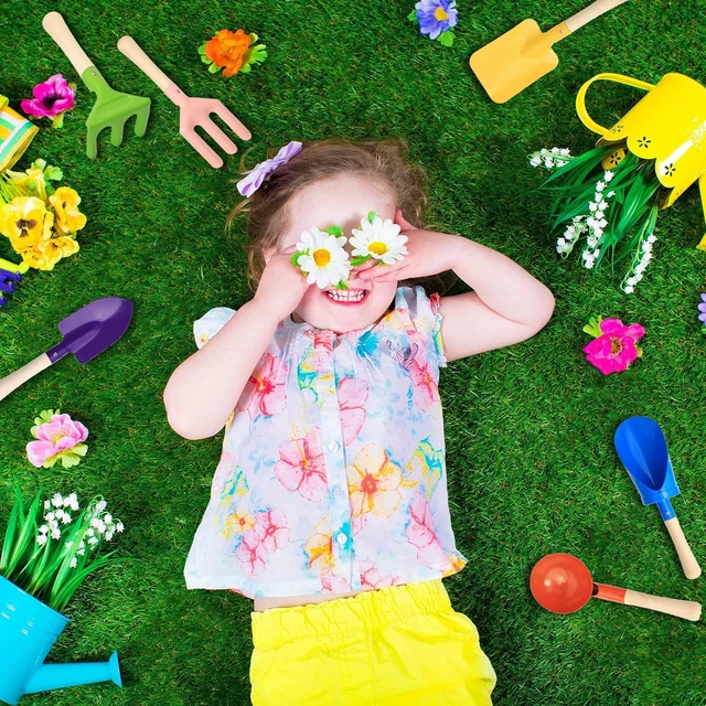 Alt view image 6 of 6 - 6 PCS 8" Kids Gardening Tools, Metal Beach Sandbox Digging Toys with Sturdy Wooden Handle, Safe Backyard Snow Sensory Playset Including Cylinder, Spoon, Fork, Rake, Flat & Pointed Shovels for Children