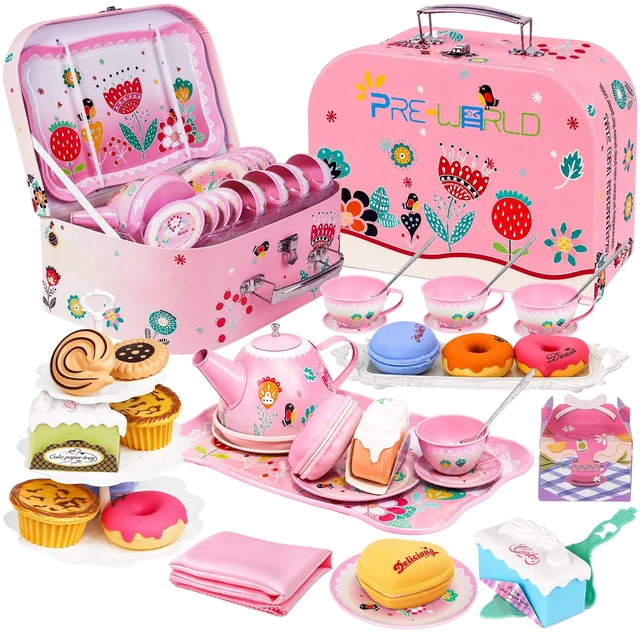 Main image of Tea Party Set for Little Girls Toddlers Kids Ages 3 4 5 6 7 8 | 45PCS Tin Teapot Cup Tray, Kitchen Pretend Play Food Playset, Carrying Case, Child Princess Tea Time Toy, Birthday Gift