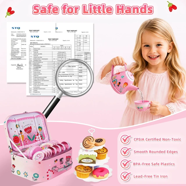 Alt view image 2 of 7 - Tea Party Set for Little Girls Toddlers Kids Ages 3 4 5 6 7 8 | 45PCS Tin Teapot Cup Tray, Kitchen Pretend Play Food Playset, Carrying Case, Child Princess Tea Time Toy, Birthday Gift