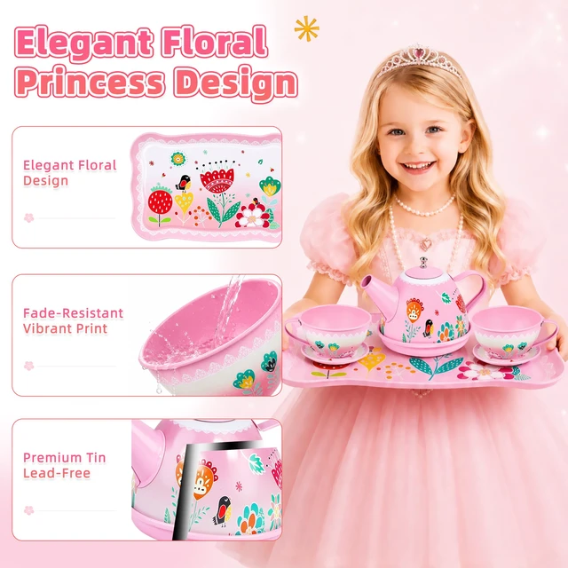 Alt view image 3 of 7 - Tea Party Set for Little Girls Toddlers Kids Ages 3 4 5 6 7 8 | 45PCS Tin Teapot Cup Tray, Kitchen Pretend Play Food Playset, Carrying Case, Child Princess Tea Time Toy, Birthday Gift