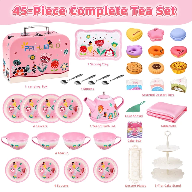 Alt view image 5 of 7 - Tea Party Set for Little Girls Toddlers Kids Ages 3 4 5 6 7 8 | 45PCS Tin Teapot Cup Tray, Kitchen Pretend Play Food Playset, Carrying Case, Child Princess Tea Time Toy, Birthday Gift