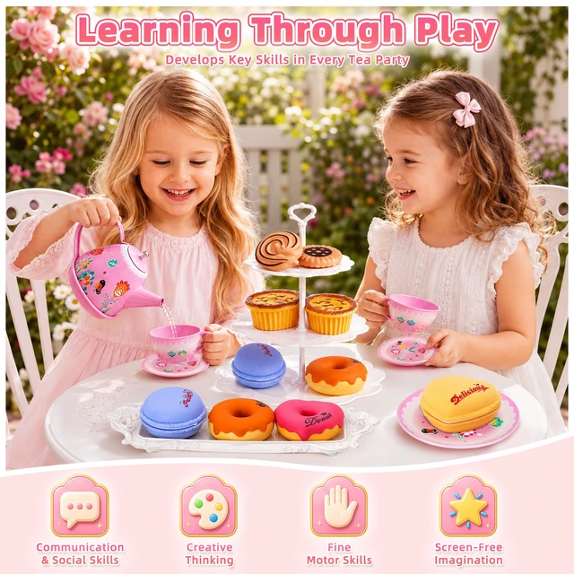 Alt view image 6 of 7 - Tea Party Set for Little Girls Toddlers Kids Ages 3 4 5 6 7 8 | 45PCS Tin Teapot Cup Tray, Kitchen Pretend Play Food Playset, Carrying Case, Child Princess Tea Time Toy, Birthday Gift