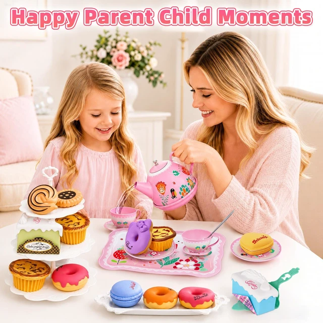 Alt view image 7 of 7 - Tea Party Set for Little Girls Toddlers Kids Ages 3 4 5 6 7 8 | 45PCS Tin Teapot Cup Tray, Kitchen Pretend Play Food Playset, Carrying Case, Child Princess Tea Time Toy, Birthday Gift