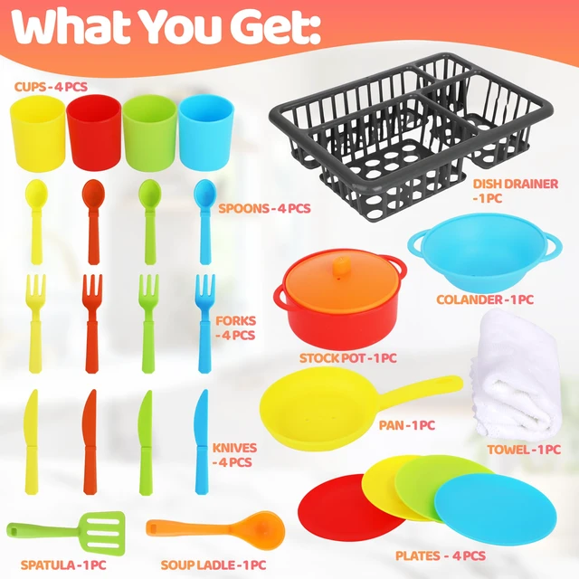 Alt view image 2 of 6 - Kids Play Dishes with Drainer - 27PC Tableware & Pretend Kitchen Accessories, Plastic Play Set - Durable and Colourful for Children Ages 3+