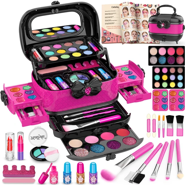 Main image of 58 Pcs Kids Makeup Toys Kit for Girls, Real Washable Make Up Set | Safety Material Certificates, Non-Toxic, Storage Case with Mirror, Birthday Gifts for 3 4 5 6 7 8 9 10 11 12 Years Old (Rose)