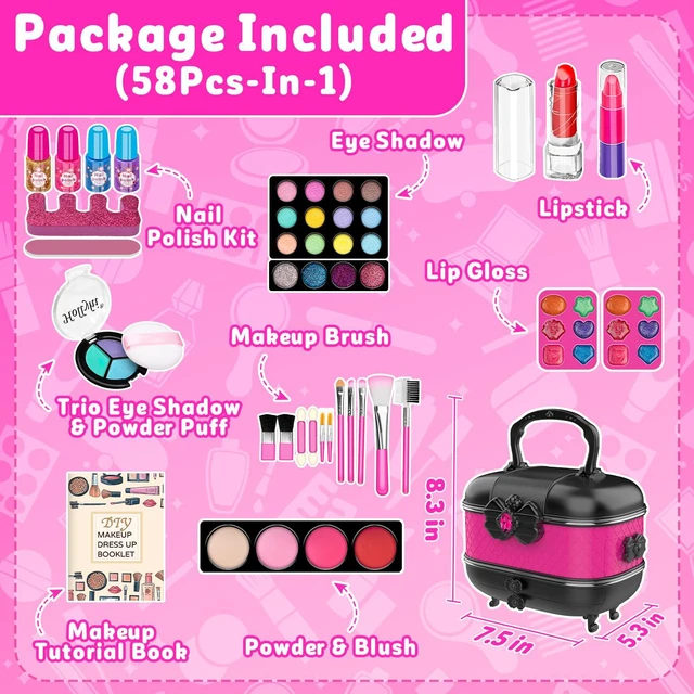 Alt view image 2 of 6 - 58 Pcs Kids Makeup Toys Kit for Girls, Real Washable Make Up Set | Safety Material Certificates, Non-Toxic, Storage Case with Mirror, Birthday Gifts for 3 4 5 6 7 8 9 10 11 12 Years Old (Rose)
