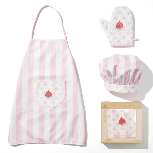 Main image of Kid Apron and Chef Hat Set, 3Pcs Children Cooking Baking Set Kits | Pink Role Play Chef Toy Kid Cooking Birthday Gift for Girls Boys Age 3 Up