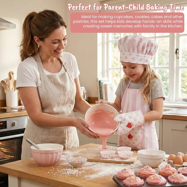 Alt view image 2 of 7 - Kid Apron and Chef Hat Set, 3Pcs Children Cooking Baking Set Kits | Pink Role Play Chef Toy Kid Cooking Birthday Gift for Girls Boys Age 3 Up