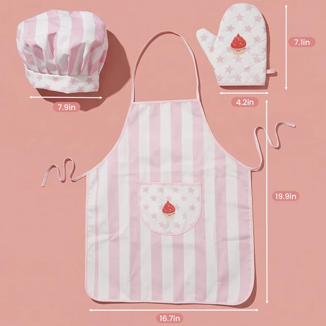 Alt view image 3 of 7 - Kid Apron and Chef Hat Set, 3Pcs Children Cooking Baking Set Kits | Pink Role Play Chef Toy Kid Cooking Birthday Gift for Girls Boys Age 3 Up