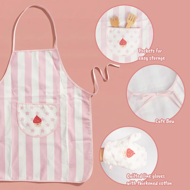 Alt view image 4 of 7 - Kid Apron and Chef Hat Set, 3Pcs Children Cooking Baking Set Kits | Pink Role Play Chef Toy Kid Cooking Birthday Gift for Girls Boys Age 3 Up
