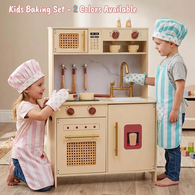 Alt view image 7 of 7 - Kid Apron and Chef Hat Set, 3Pcs Children Cooking Baking Set Kits | Pink Role Play Chef Toy Kid Cooking Birthday Gift for Girls Boys Age 3 Up