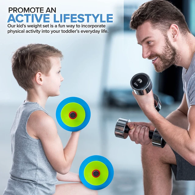 Alt view image 4 of 7 - Kids Weight Set (2 Pack) Toy Dumbbells, Baby Dumbbell Workout Weights, Fun Fitness and Exercise Equipment for Toddlers - Blue, Green, Red