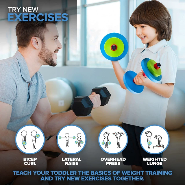 Alt view image 7 of 7 - Kids Weight Set (2 Pack) Toy Dumbbells, Baby Dumbbell Workout Weights, Fun Fitness and Exercise Equipment for Toddlers - Blue, Green, Red
