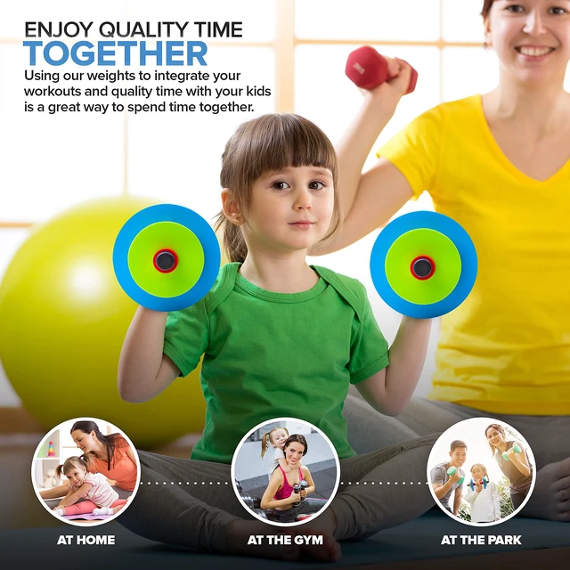 Alt view image 6 of 7 - Kids Weight Set (2 Pack) Toy Dumbbells, Baby Dumbbell Workout Weights, Fun Fitness and Exercise Equipment for Toddlers - Blue, Green, Red
