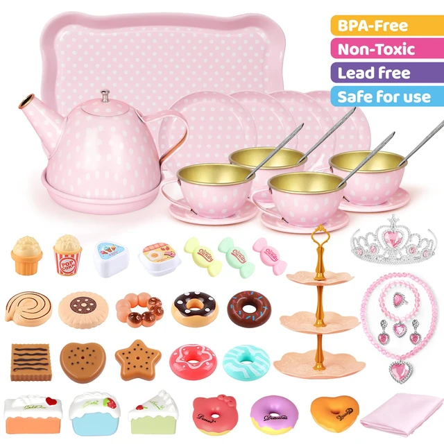 Alt view image 3 of 7 - Tea Party Set for Little Girls, 49PCS Princess Tea Time Toys Including Tea Set Dessert Carrying Case, Kids Kitchen Pretend Playset, Tea Set for Girls Birthday Toddler Age 3-8, Pink