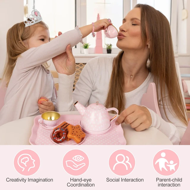 Alt view image 5 of 7 - Tea Party Set for Little Girls, 49PCS Princess Tea Time Toys Including Tea Set Dessert Carrying Case, Kids Kitchen Pretend Playset, Tea Set for Girls Birthday Toddler Age 3-8, Pink