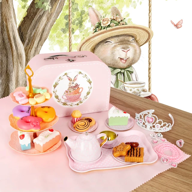 Alt view image 6 of 7 - Tea Party Set for Little Girls, 49PCS Princess Tea Time Toys Including Tea Set Dessert Carrying Case, Kids Kitchen Pretend Playset, Tea Set for Girls Birthday Toddler Age 3-8, Pink