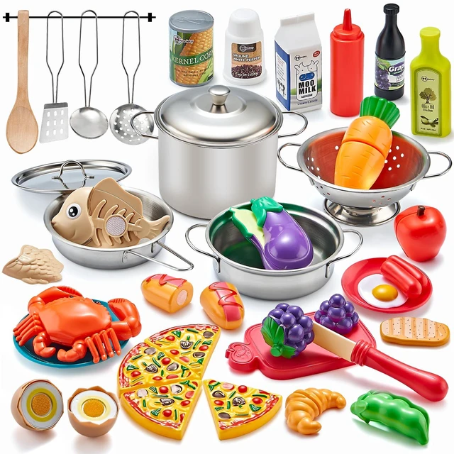 Main image of Pretend Play Kitchen Accessories, 52pc Kids Kitchen Playset with Play Food, Stainless Steel Cookware, Kitchen Toys Pots and Pans, Kids Kitchen Set with Cuttable Toy Food, Boys Girls Gift
