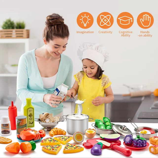 Alt view image 2 of 7 - Pretend Play Kitchen Accessories, 52pc Kids Kitchen Playset with Play Food, Stainless Steel Cookware, Kitchen Toys Pots and Pans, Kids Kitchen Set with Cuttable Toy Food, Boys Girls Gift