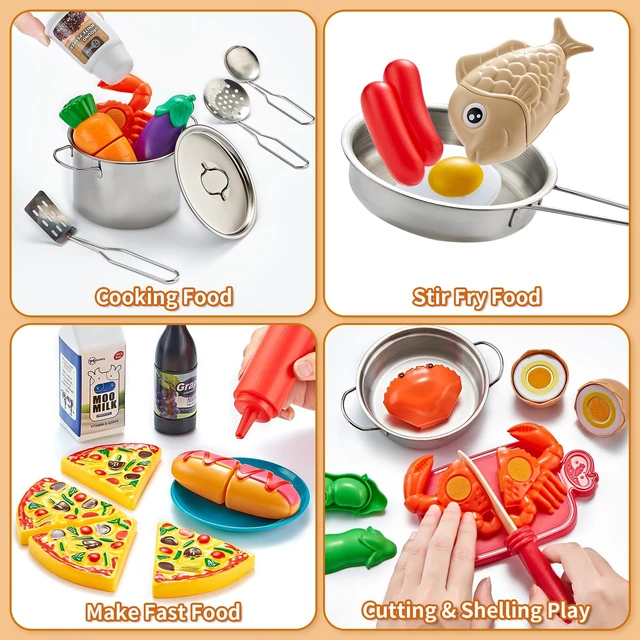 Alt view image 3 of 7 - Pretend Play Kitchen Accessories, 52pc Kids Kitchen Playset with Play Food, Stainless Steel Cookware, Kitchen Toys Pots and Pans, Kids Kitchen Set with Cuttable Toy Food, Boys Girls Gift