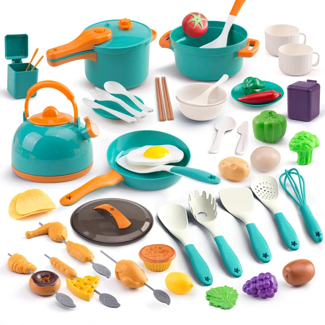 Alt view image 2 of 7 - 60Pcs Kids Mini Play Kitchen Accessories, Pretend Cooking Play Set with Cookware, Tableware & Fruit & BBQ Sets, Learning Gift for Boys, Girls, Toddlers,Green