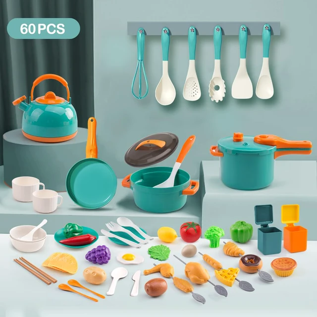 Alt view image 3 of 7 - 60Pcs Kids Mini Play Kitchen Accessories, Pretend Cooking Play Set with Cookware, Tableware & Fruit & BBQ Sets, Learning Gift for Boys, Girls, Toddlers,Green