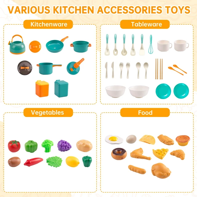 Alt view image 4 of 7 - 60Pcs Kids Mini Play Kitchen Accessories, Pretend Cooking Play Set with Cookware, Tableware & Fruit & BBQ Sets, Learning Gift for Boys, Girls, Toddlers,Green