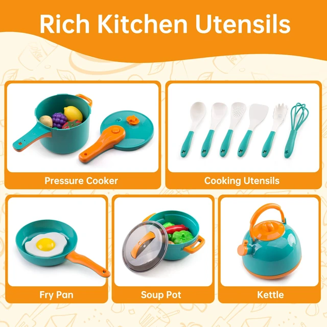 Alt view image 5 of 7 - 60Pcs Kids Mini Play Kitchen Accessories, Pretend Cooking Play Set with Cookware, Tableware & Fruit & BBQ Sets, Learning Gift for Boys, Girls, Toddlers,Green