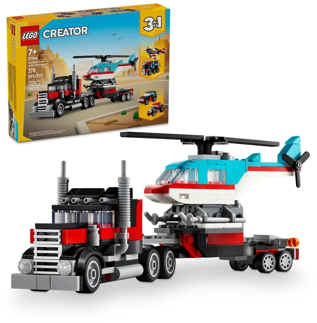Main image of Creator 3 in 1 Flatbed Truck with Helicopter Toy, Transforms from Flatbed Truck Toy to Propeller Plane to Hot Rod and SUV Cars, Gift Idea for Boys and Girls Ages 7 Years Old and Up, 31146