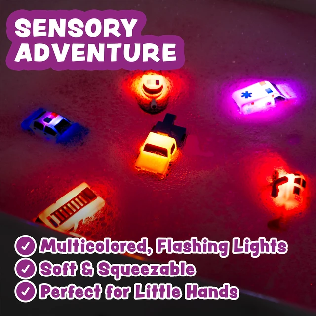 Alt view image 4 of 7 - Emergency Cars Light Up Bath Toys, 6 Pack | Water-Activated Light Up Toys Flash & Change Color | Soft, Squeezable Baby & Toddler Bath Toys | Sensory Toys with Bath Lights for Kids Bath