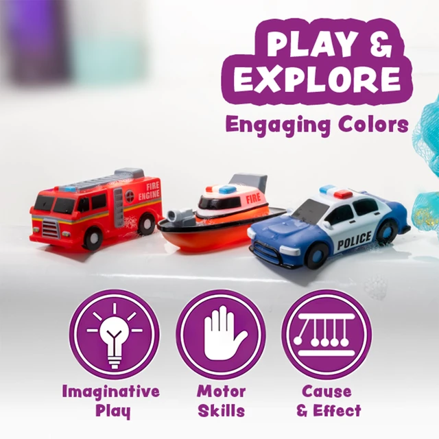 Alt view image 7 of 7 - Emergency Cars Light Up Bath Toys, 6 Pack | Water-Activated Light Up Toys Flash & Change Color | Soft, Squeezable Baby & Toddler Bath Toys | Sensory Toys with Bath Lights for Kids Bath