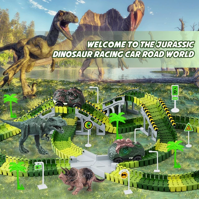 Alt view image 6 of 7 - Dinosaur Toys, Create A Dinosaur World Road Race, Dinosaur Track Toys | Flexible Track Playset, 2 pcs Cool Dinosaur Car, Dinosaur Race Car Track for 3 4 5 6 Year & Up Old Boy Girls Best Gift