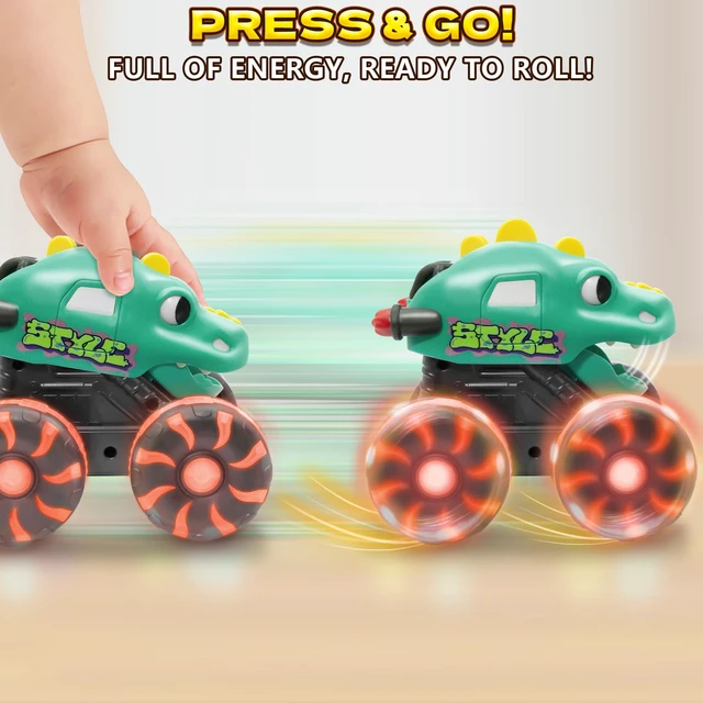 Alt view image 3 of 7 - Green Dino Monster Truck LED Light-Up Press and Go Toy Car | Dinosaur Truck with Flashing Wheels and Chomping Mouth for Boys and Girls Birthady Gifts for Kids Toddlers Age 2 3 4 5 6 7 8