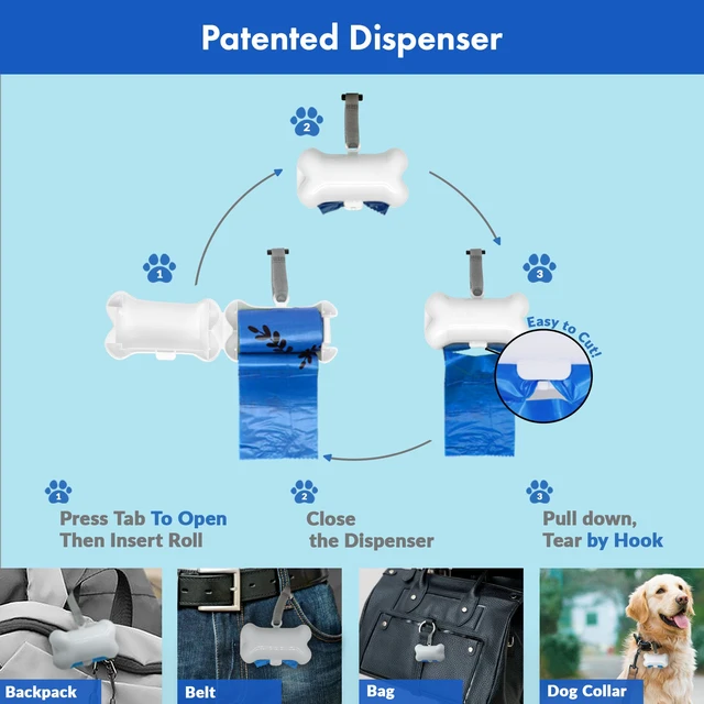 Alt view image 3 of 7 - 1000 Dog Poop Waste Bags with Dispenser and Leash Tie, 9" x 13", Blue, 1000 Count