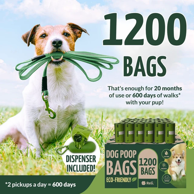 Alt view image 2 of 7 - Biodegradable Dog Poop Bags w/Holder (1200 Count - 80 Rolls Bulk) | Leash Clip Dispenser | 9x13" Large Dog Bags for Poop | Green Eco-Friendly Oxobiodegradable Waste Disposal Refills (Unscented)
