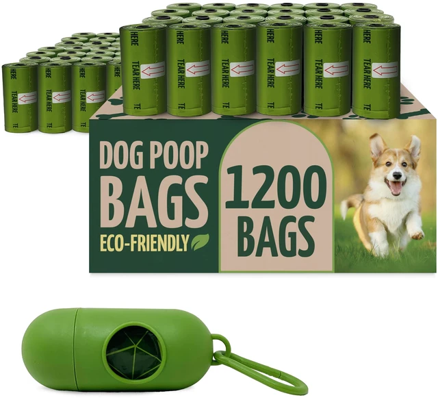 Main image of Biodegradable Dog Poop Bags w/Holder (1200 Count - 80 Rolls Bulk) | Leash Clip Dispenser | 9x13" Large Dog Bags for Poop | Green Eco-Friendly Oxobiodegradable Waste Disposal Refills (Unscented)