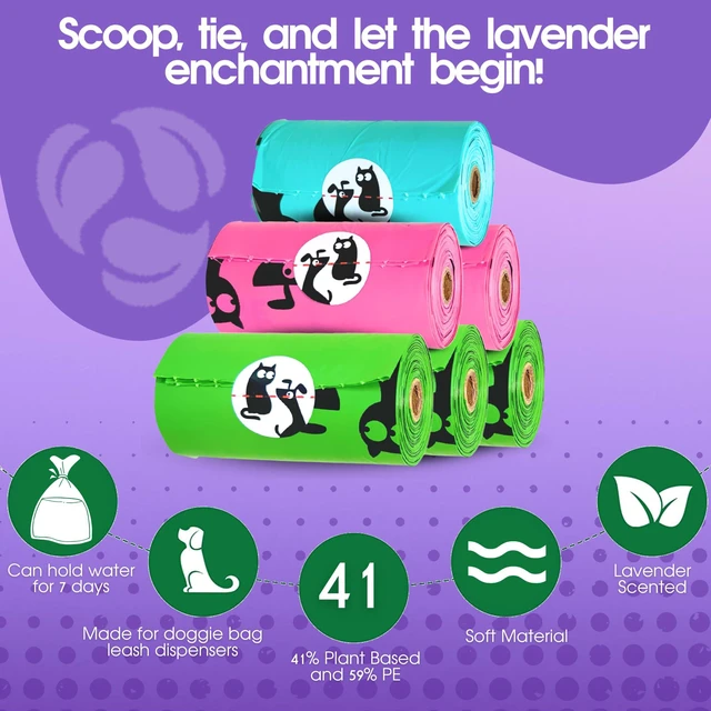 Alt view image 5 of 6 - Dog Poop Bags Rolls, 720 Count, Lavender Scented, Colorful | 41% Plant Based, 59% PE, Extra Thick, Waste, Doggy, Leak-Proof, Tear-Resistant, Easy-Tear Design, Durable, dog waste bags