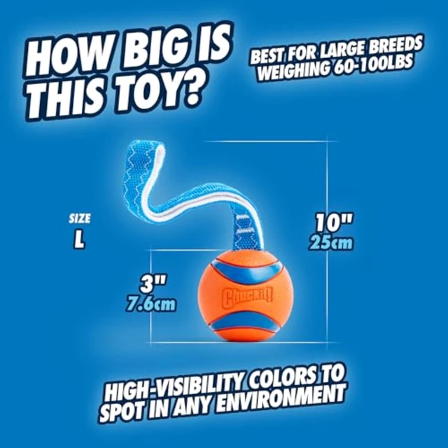 Alt view image 4 of 6 - Ultra Tug Dog Toy, Durable Nylon Cord Handle, Large 3-in | Ultra Ball on a Tug-of-War Handle Offers Fetch and Tug Play for Large Breeds 60-100 lbs in Orange and Blue